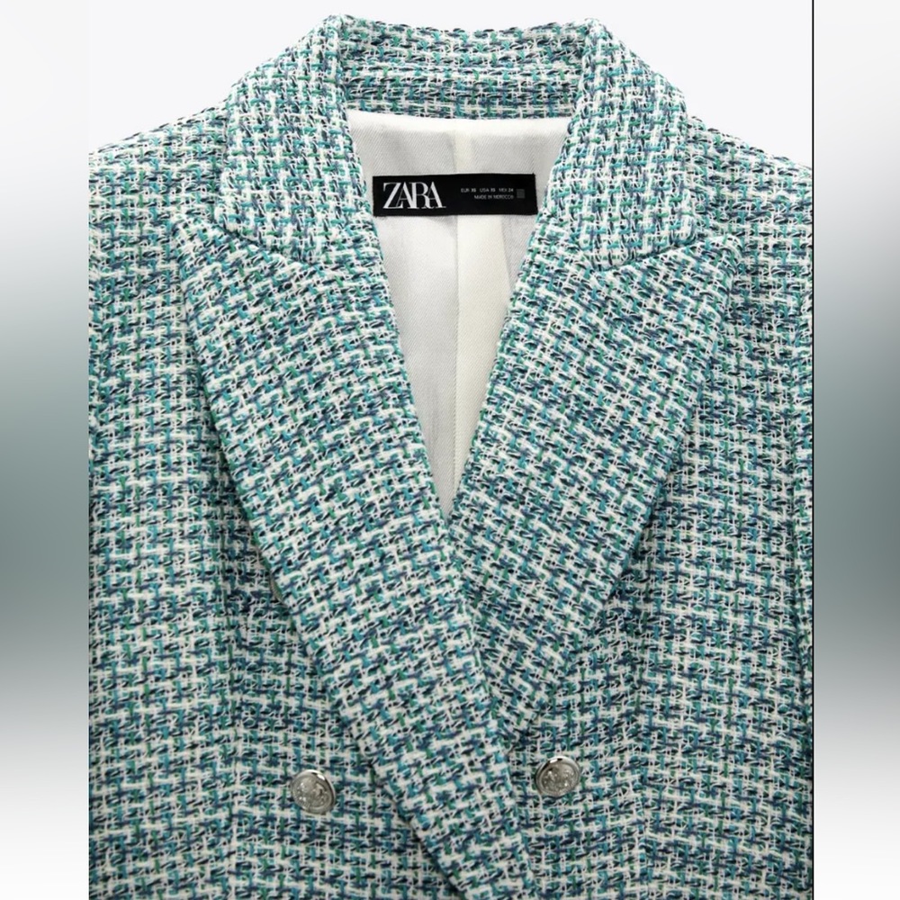 ZARA BUTTONED TEXTURED WEAVE BLAZER  GREE/BLUE SIZE S NEW - Picture 9 of 11